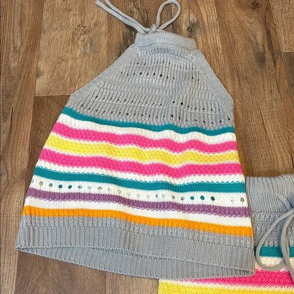 2 Piece Crochet Halter & Shorts Outfit Candy Color Stripes Small/Medium Juniors - Picture 5 of 17